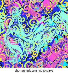  Seamless pattern with glitch Rooster in vaporwave colors. Chinese New Year Symbol of 2017 New Year. Vector illustration.