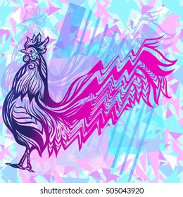  Seamless pattern with glitch Rooster in vaporwave colors. Chinese New Year Symbol of 2017 New Year. Vector illustration.