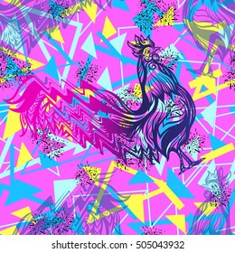  Seamless pattern with glitch Rooster in vaporwave colors. Chinese New Year Symbol of 2017 New Year.
 Vector illustration.