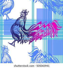 Seamless pattern with glitch Rooster in vaporwave colors. Chinese New Year Symbol of 2017 New Year.
 Vector illustration.