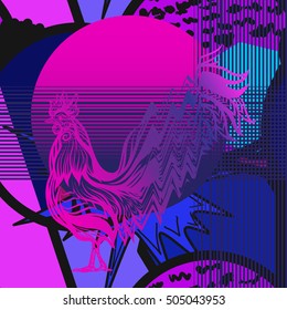 Seamless pattern with glitch Rooster in vaporwave colors. Chinese New Year Symbol of 2017 New Year.
 Vector illustration.