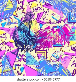  Seamless pattern with glitch Rooster in vaporwave colors. Chinese New Year Symbol of 2017 New Year.
 Vector illustration.
