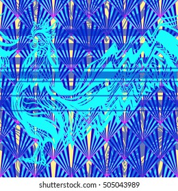  Seamless pattern with glitch Rooster in vaporwave colors. Chinese New Year Symbol of 2017 New Year.
 Vector illustration.