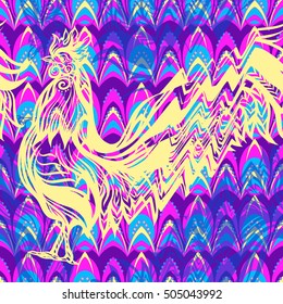  Seamless pattern with glitch Rooster in vaporwave colors. Chinese New Year Symbol of 2017 New Year.
 Vector illustration.