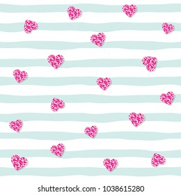 Seamless pattern with glitter confetti hearts on striped background. Pink and pastel blue trendy colors. For birthday, fashion and wedding design. Vector EPS10.