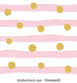 Seamless pattern with glitter confetti polka dot on striped background. Golden and pastel pink trendy colors. For birthday, fashion and wedding design. Vector EPS10.