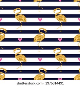 Seamless pattern with glitter flamingos and hearts on striped background. Vector illustration.