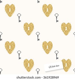 Seamless pattern with glitter hearts and keys.