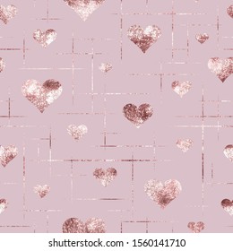 Seamless pattern glitter marble with hearts. Beautiful golden background. Elegant foil for design gift pack, wrapping paper, wrapper, wallpaper, prints. Stylish sparkle texture glitterer rose gold