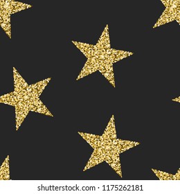 Seamless pattern with glittering stars. Shining texture with sparkle golden dust. Modern vector for textile, cloth, fabric, luxury invitation, birthday or holiday cards, certificate.