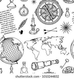 Nahtlose Muster mit Globus, Kompass, Weltkarte und Wind stieg. Vintage-Wissenschaftsobjekte setzen sich im Steampunkstil ein. Vektorillustration