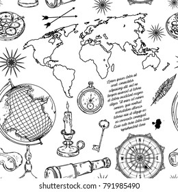 Seamless pattern with globe, compass, world map and wind rose. Vintage science objects set in steampunk style. Vector illustration