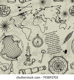 Seamless pattern with globe, compass, world map and wind rose. Vintage science objects set in steampunk style. Vector illustration