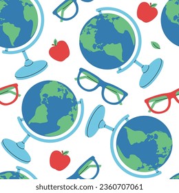Seamless pattern with globe, glasses and apple on white background. School, teacher, education concept. Vector flat illustration