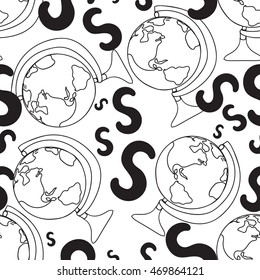 Seamless pattern. Globe and letter s. Start of the school year in September concept. White background. Vector illustration.