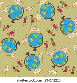 Seamless pattern with a globe on a journey, a paper airplane and ship, and painted people. Vector illustration