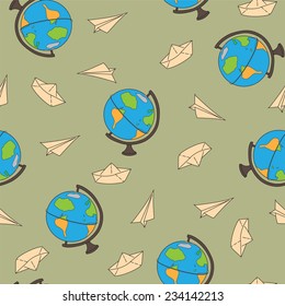 Seamless pattern with a globe on a journey, a paper airplane and ship. Vector illustration