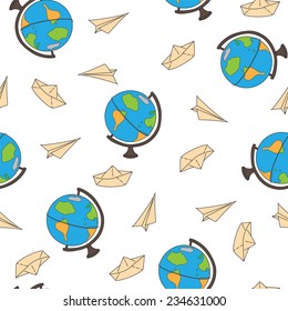 Seamless pattern with a globe on a journey, a paper airplane and ship on a white background. Vector illustration