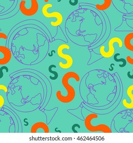 Seamless pattern. Globe on September 1st. School celebratory background. Children style.Bright colors: green, yellow,orange. Capital letter S. The background paper, wallpaper and web. Vector.