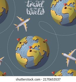 Seamless pattern with globe and plane. Travel, tourism, adventure, journey concept. Perfect for product design, wallpaper, scrapbooking, textile, wrapping paper.
