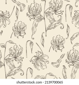 Seamless pattern with gloriosa superba: gloriosa superba plant, leaves and gloriosa superba flowers. Cosmetic, perfumery and medical plant. Vector hand drawn illustration