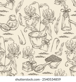 Seamless pattern with  gloriosa superba: gloriosa superba plant, leaves and gloriosa superba flowers. Oil, soap and bath salt . Cosmetics and medical plant. Vector hand drawn illustration