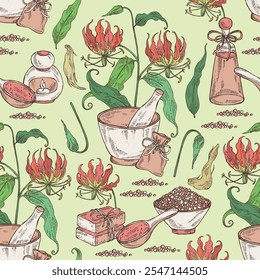 Seamless pattern with gloriosa superba: gloriosa superba plant, leaves and gloriosa superba flowers. Oil, soap and bath salt . Cosmetics and medical plant. Vector hand drawn illustration