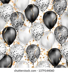 Seamless pattern glossy black and white shiny realistic 3D helium balloons with glitter and gold ribbon with star background, perfect decoration for birthday party brochures or invitation card.