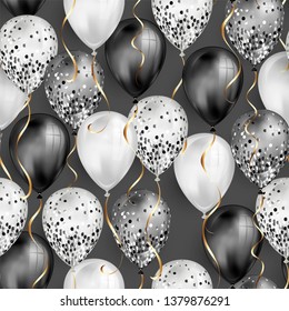 Seamless pattern glossy black and white shiny realistic 3D helium balloons with glitter and gold ribbon, perfect decoration for birthday party brochures, invitation card or baby shower.