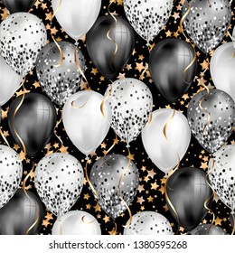 Seamless pattern glossy black and white shiny realistic 3D helium balloons with glitter and gold ribbon with star background, perfect decoration for birthday party brochures or invitation card.