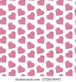 Patrón sin fisuras de corazones rosados brillantes inclinados diagonalmente sobre fondo blanco. Ideal para diseños románticos y de San Valentín