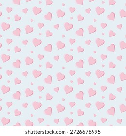 Seamless pattern of glossy pink hearts on light blue background. Perfect for romantic and Valentine s designs