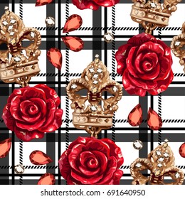 Seamless pattern of glossy rose and gold crown with strass. 