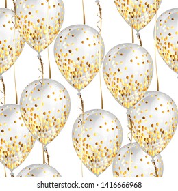 Seamless pattern with glossy white and gold shiny realistic 3D helium balloons with glitter and gold ribbon, perfect decoration for birthday party brochures, invitation card or baby shower.