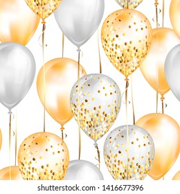 Seamless pattern with glossy white and gold shiny realistic 3D helium balloons with glitter and gold ribbon, perfect decoration for birthday party brochures, invitation card or baby shower.