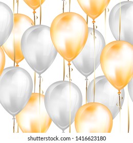 Seamless pattern with glossy white and yellow shiny realistic 3D helium balloons with gold ribbon, perfect decoration for birthday party brochures, invitation card or baby shower.