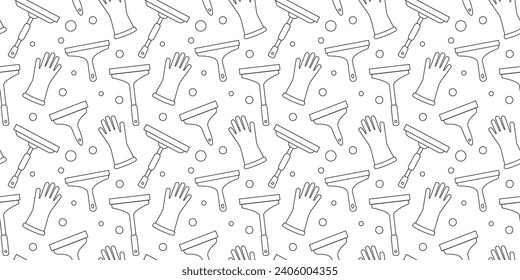 Seamless pattern with gloves and plastic handle window squeegee for cleaning window with bubbles on white background.Cartoon pattern of tools window cleaner housekeeping products in black and white.