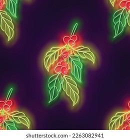 Seamless pattern with glow Branch of Coffee Tree. Organic Shop Label. Seeds of Plant. Neon Light Texture, Signboard. Glossy Background. Vector 3d Illustration 