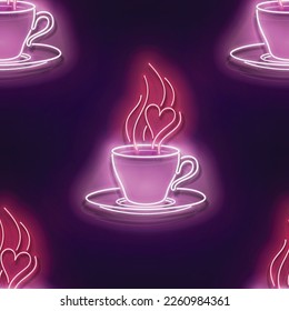 Seamless pattern with glow Cup of Coffee with Steam. Cafe Label. Cappuccino, Espresso, Americano Drink. Neon Light Texture, Signboard. Glossy Background. Vector 3d Illustration