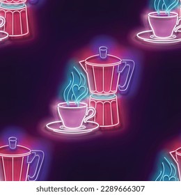 Seamless pattern with glow Cup of Coffee and Geyser Coffee Maker. Cafe Label, Morning Drink. Neon Light Texture, Signboard. Glossy Background. Vector 3d Illustration