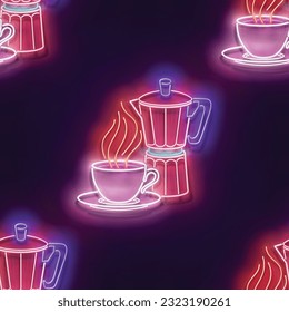 Seamless pattern with glow Cup of Coffee and Geyser Coffee Maker. Cafe Label, Morning Drink. Neon Light Texture, Signboard. Glossy Background. Vector 3d Illustration