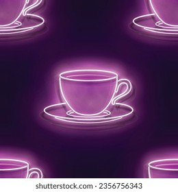 Seamless pattern with glow Cup of Coffee. Cafe Label. Cappuccino, Espresso, Americano Drink. Neon Light Texture, Signboard. Glossy Background. Vector 3d Illustration