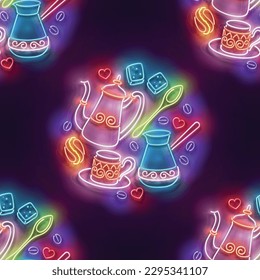 Seamless pattern with glow Different Types of Coffee. Cafe Label. Cappuccino, Espresso, Americano, Turkish. Neon Light Texture, Signboard. Glossy Background. Vector 3d Illustration
