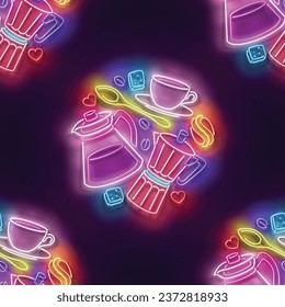 Seamless pattern with glow Different Types of Coffee. Cafe Label. Cappuccino, Espresso, Americano, Turkish. Neon Light Texture, Signboard. Glossy Background. Vector 3d Illustration