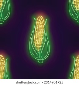 Seamless pattern with glow ear of sweetcorn with green leaves. Fresh corn, maize. Neon Light Texture, Signboard. Glossy Background. Vector 3d Illustration