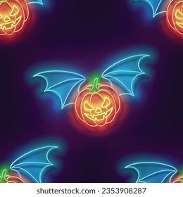 Seamless pattern with glow Flying Vampire Pumpkin. Halloween Mood. Neon Light Texture, Signboard. Glossy Background. Vector 3d Illustration 