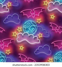 Seamless pattern with glow Flying Vampire Bats on Coundly Night Sky. Halloween Mood. Neon Light Texture, Signboard. Glossy Background. Vector 3d Illustration 
