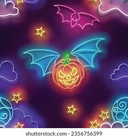 Seamless pattern with glow Flying Vampire Pumpkin on Coundly Night Sky. Halloween Mood. Neon Light Texture, Signboard. Glossy Background. Vector 3d Illustration 