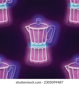 Seamless pattern with glow Geyser Coffee Maker. Cafe Label, Morning Drink. Neon Light Texture, Signboard. Glossy Background. Vector 3d Illustration 