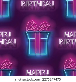 Seamless pattern with glow Gift Box with Beautiful Bow and Inscription. Happy Birthday and Holiday Party Mood. Neon Light Texture, Signboard. Glossy Background. Vector 3d Illustration
